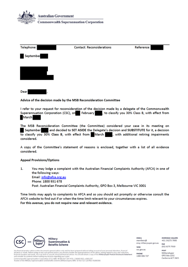 Real CSC MSB decision letter — Class B with additional impairments